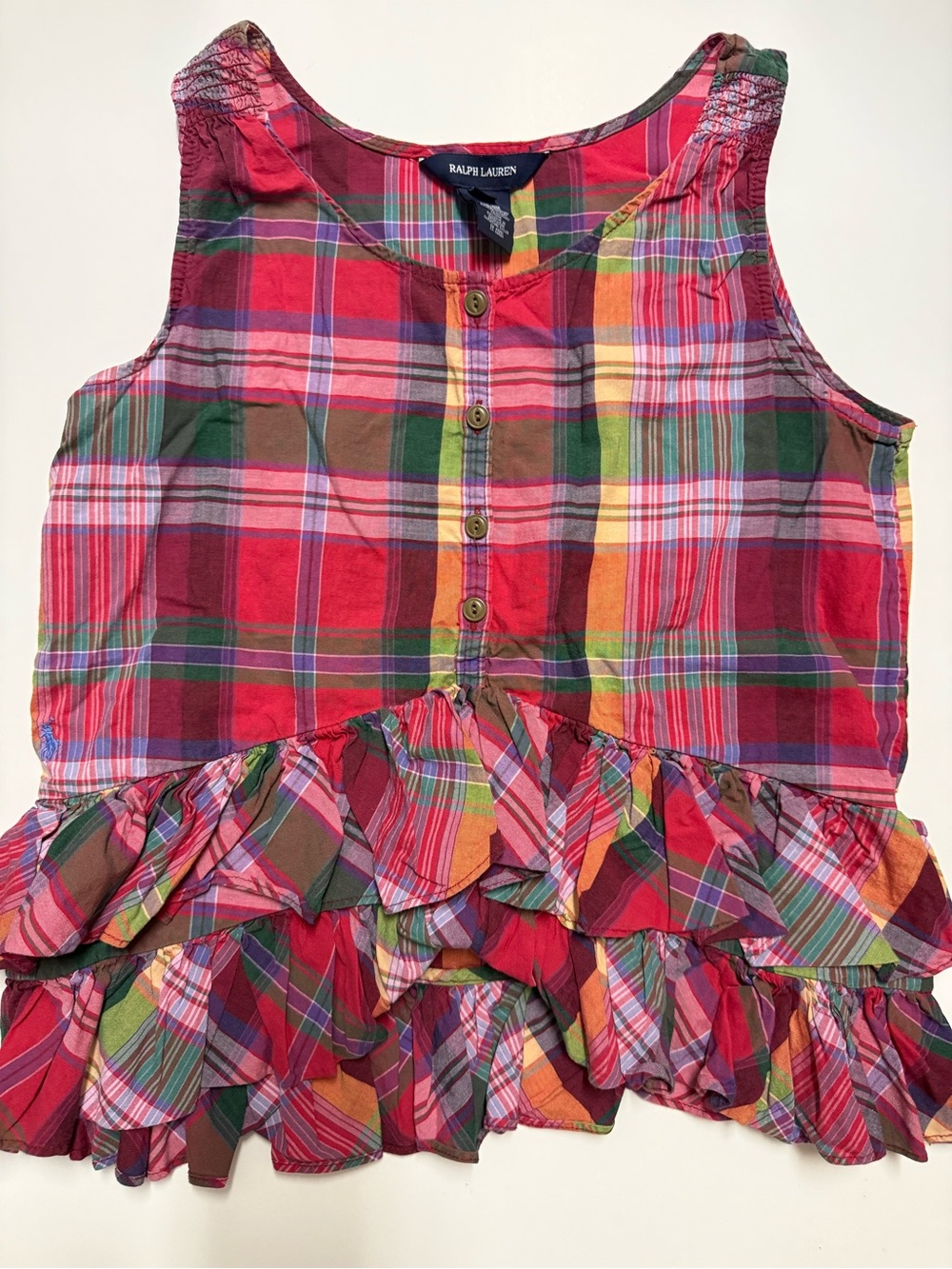 Ralph Lauren Girls' Pink Plaid Ruffle Tank Top